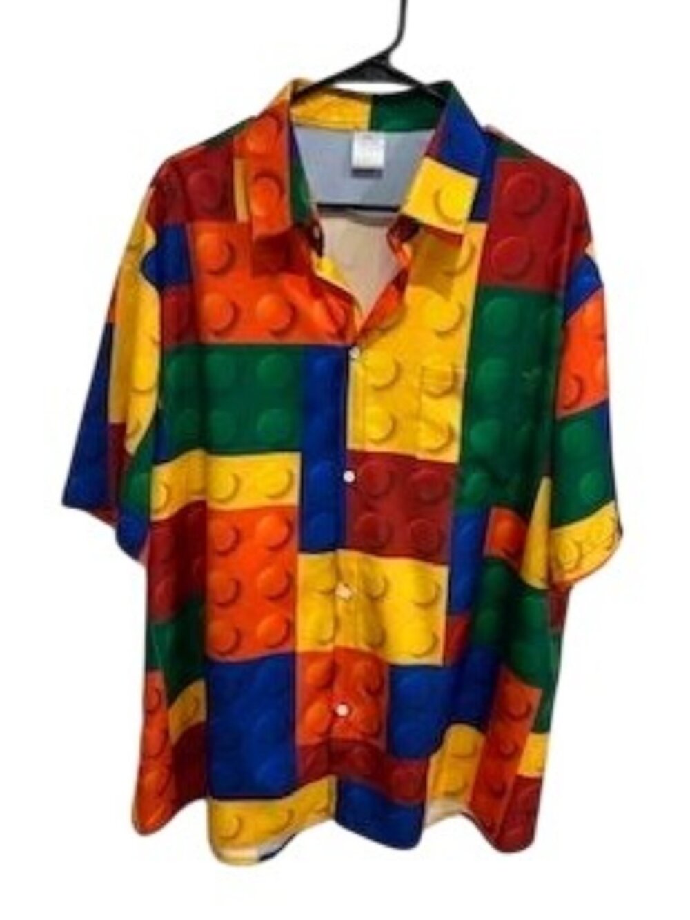 Lego-Inspired 2XL Mens Block Pattern Button-Up Shirt Kitschy Retro Futurism